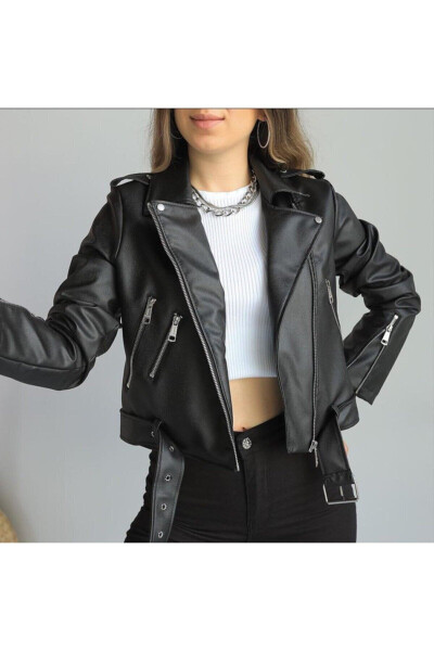 Women's Leather Jacket with Belt - 6