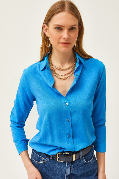 Women's Leopard Blue Jacquard Satin Detail Woven Shirt GML-19001173 - 1