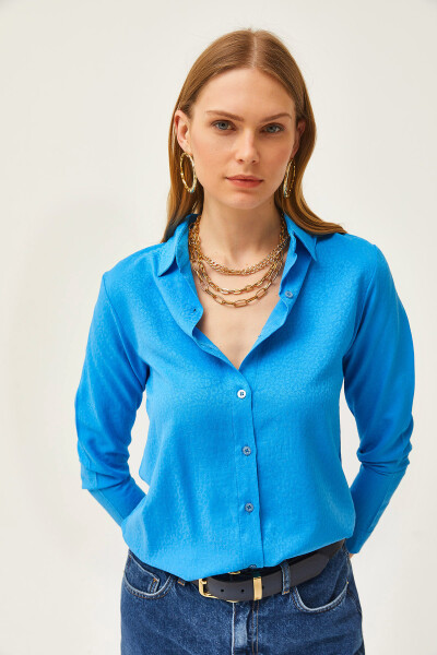 Women's Leopard Blue Jacquard Satin Detail Woven Shirt GML-19001173 - 4