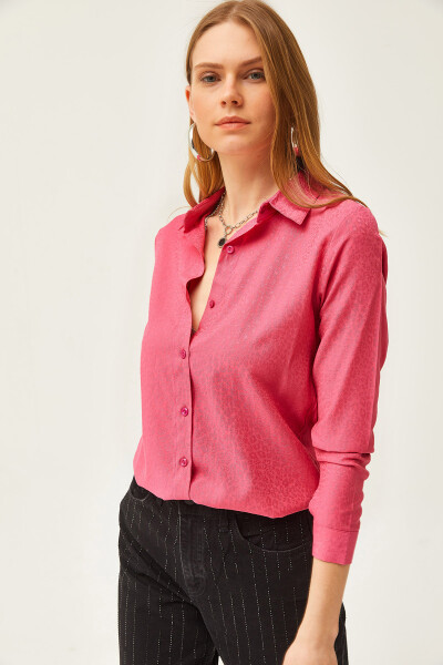 Women's Leopard Fuchsia Jacquard Satin Detailed Woven Shirt GML-19001173 - 1