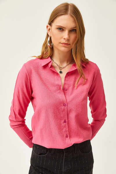 Women's Leopard Fuchsia Jacquard Satin Detailed Woven Shirt GML-19001173 - 3