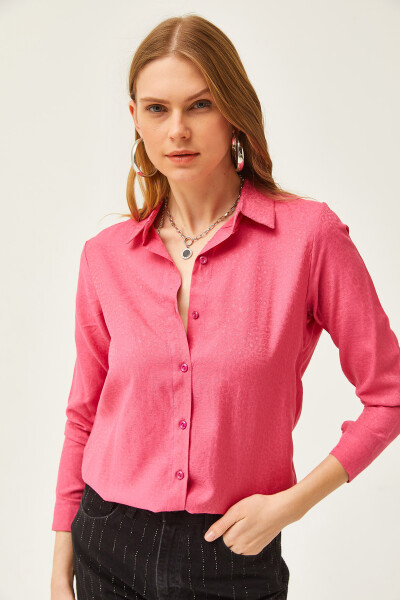 Women's Leopard Fuchsia Jacquard Satin Detailed Woven Shirt GML-19001173 - 4