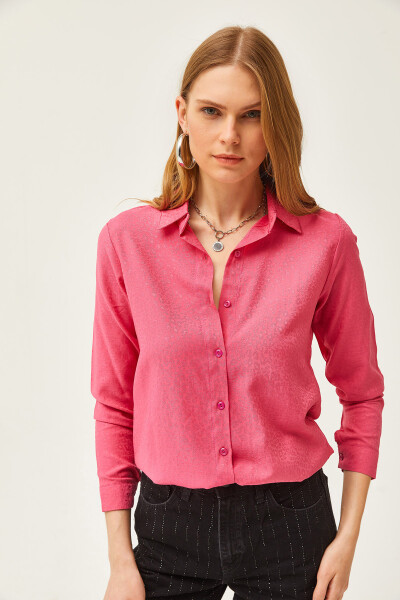 Women's Leopard Fuchsia Jacquard Satin Detailed Woven Shirt GML-19001173 - 6