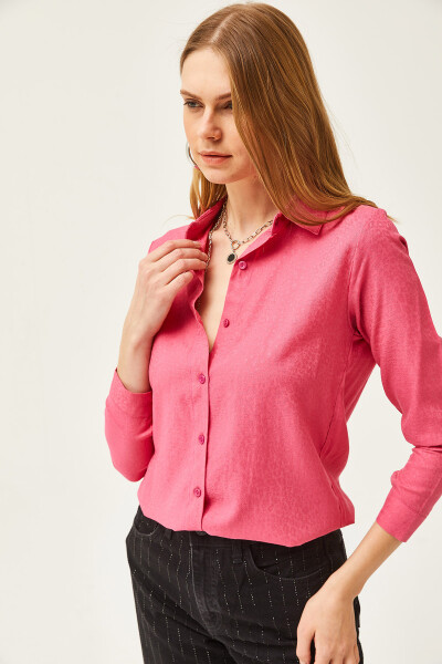 Women's Leopard Fuchsia Jacquard Satin Detailed Woven Shirt GML-19001173 - 7