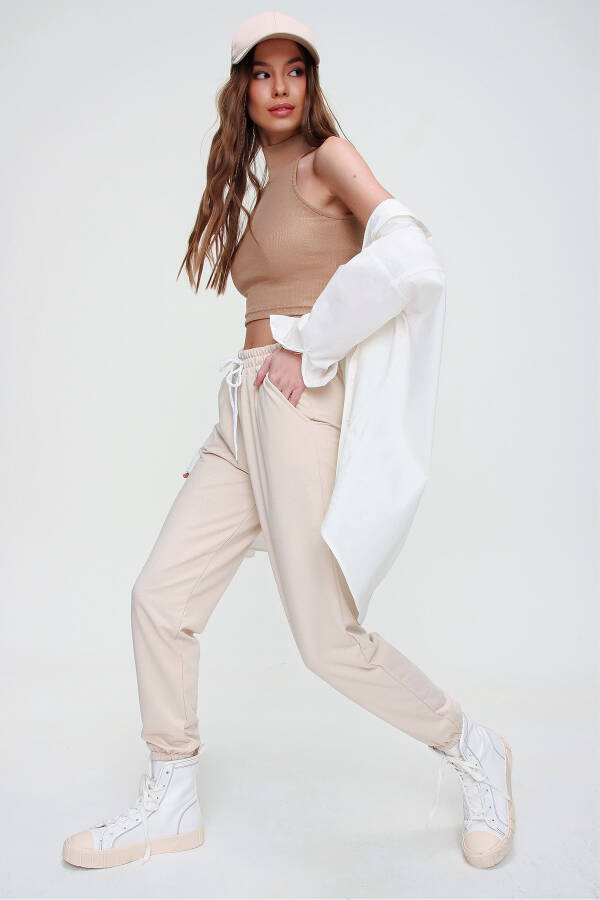 Women's Light Beige Basic Jogger Pants with Elastic Waist and Cuffs ALC-X5902 - 1