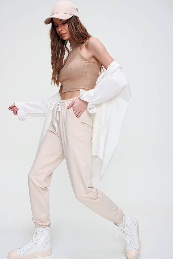 Women's Light Beige Basic Jogger Pants with Elastic Waist and Cuffs ALC-X5902 - 2