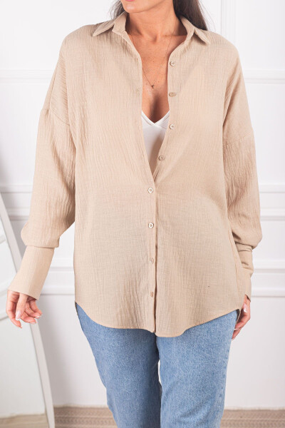 Women's Light Beige Oversized Textured Linen Look Wide Sleeve Shirt ARM-24K001001 - 4