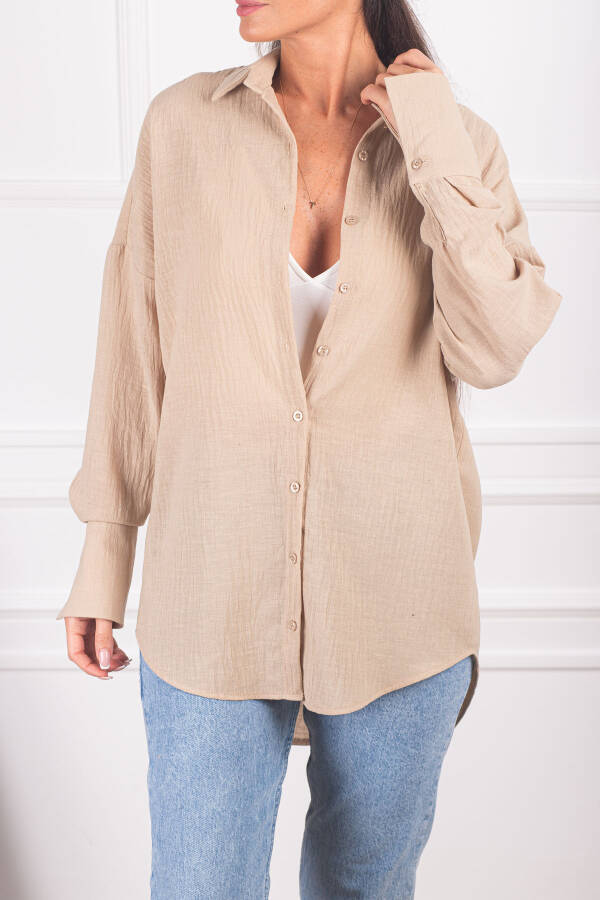 Women's Light Beige Oversized Textured Linen Look Wide Sleeve Shirt ARM-24K001001 - 8