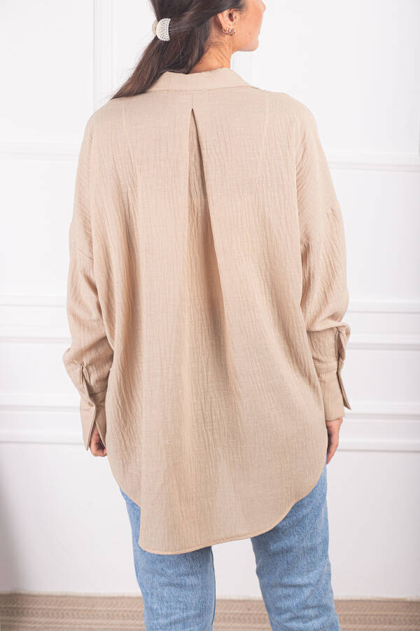 Women's Light Beige Oversized Textured Linen Look Wide Sleeve Shirt ARM-24K001001 - 10