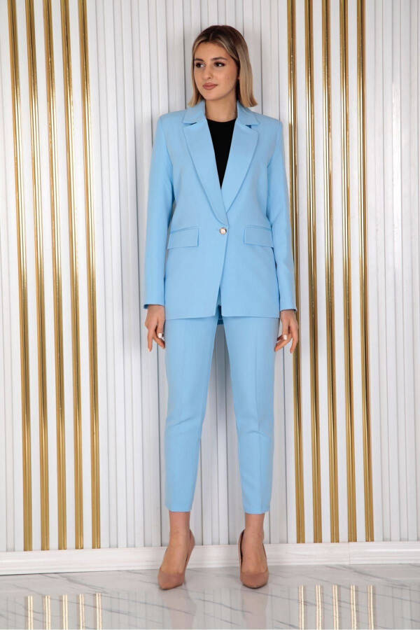 Women's Light Blue Single Button Blazer Carrot Pants Suit Dress Atlas Fabric - 1