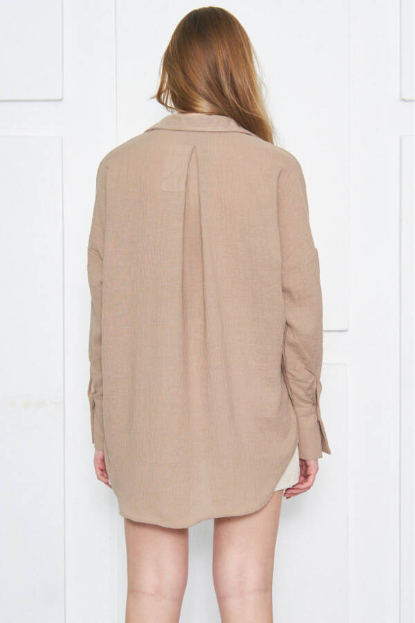 Women's Light Brown Oversized Textured Linen Look Wide Cuff Shirt ARM-24K001001 - 4