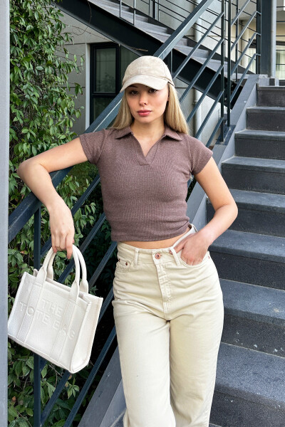 Women's Light Brown Polo Neck Basic Crop Blouse ALC-X11548 - 2