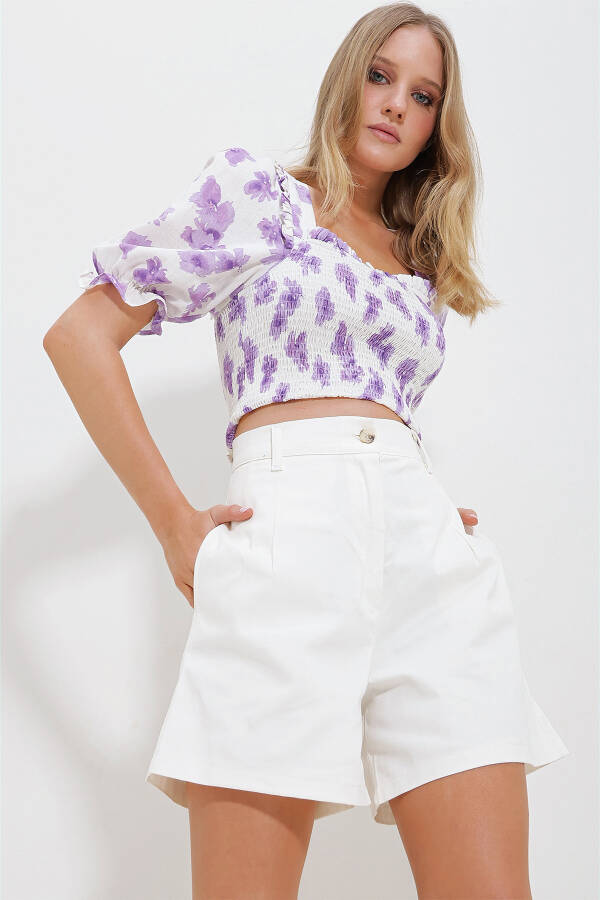 Women's Lilac-White Square Neck Watermelon Sleeve Embroidered Crop Linen Blouse ALC-X11651 - 3