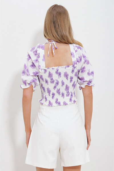 Women's Lilac-White Square Neck Watermelon Sleeve Embroidered Crop Linen Blouse ALC-X11651 - 5