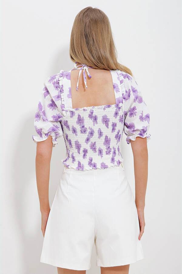 Women's Lilac-White Square Neck Watermelon Sleeve Embroidered Crop Linen Blouse ALC-X11651 - 5