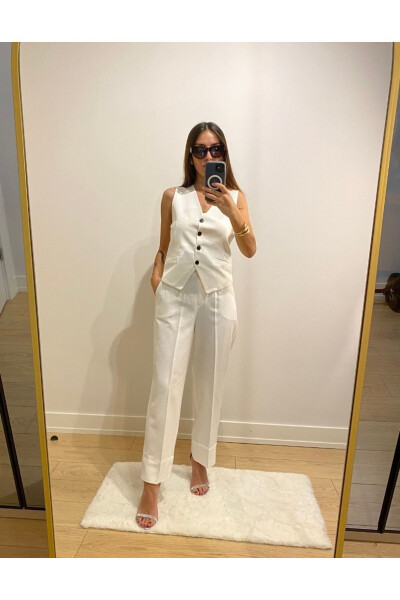 Women's Linen White Vest Pants 2 Piece Set - 1