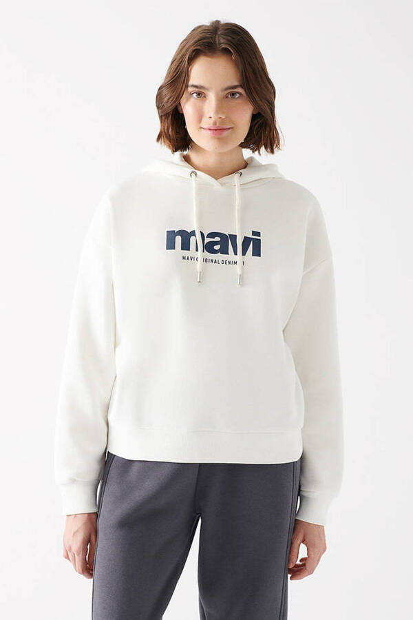 Women's Logo Printed Hooded Ecru Sweatshirt - 2