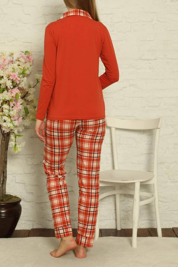 Women's Long Sleeve Buttoned Pajama Set Plaid Cotton - 5