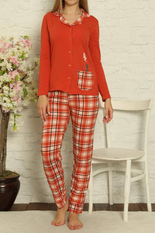 Women's Long Sleeve Buttoned Pajama Set Plaid Cotton - 6