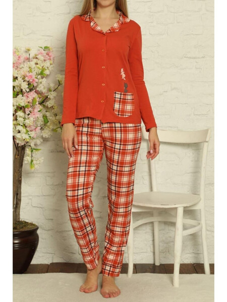 Women's Long Sleeve Buttoned Pajama Set Plaid Cotton - 1