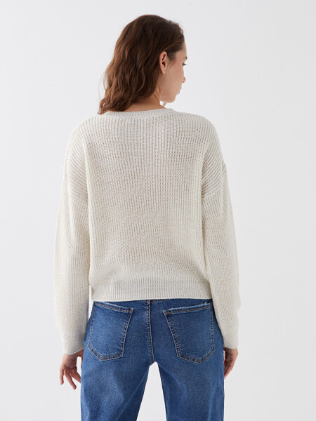 Women's Long Sleeve Knit Sweater with Self-Patterned Crew Neck - 5