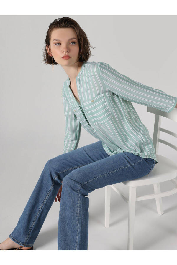 Women's Long Sleeve Striped Pocket Blouse (Regular Fit) - 3