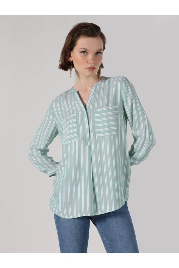 Women's Long Sleeve Striped Pocket Blouse (Regular Fit) - 4