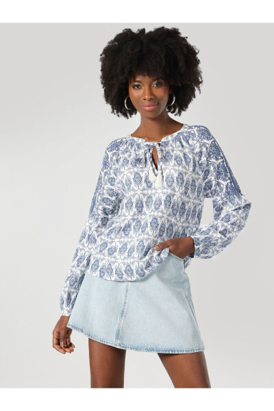 Women's Long Sleeve V-Neck Printed Blue Blouse - 1