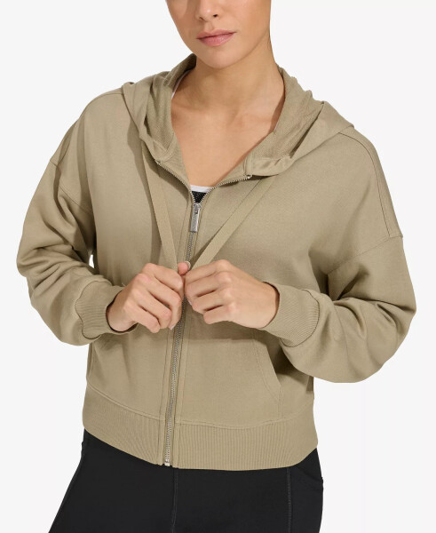 Women's Long-Sleeve Zip-Up Drawstring Hoodie Khaki Green - 1