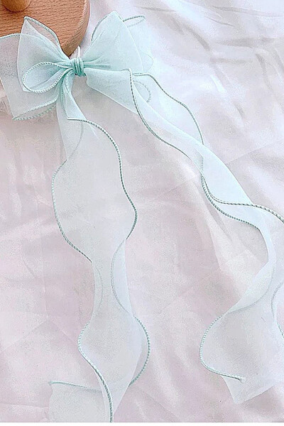 Women's Long Tulle Bow Hair Clip Mint - 3