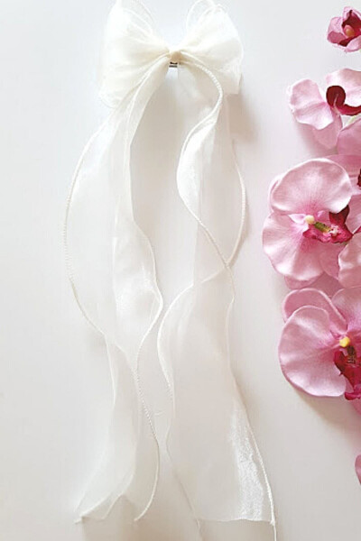 Women's Long Tulle Bow Hair Clip White - 2