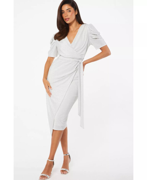 Women's Lurex Puff Sleeve Wrap Midi Dress Silver - 1