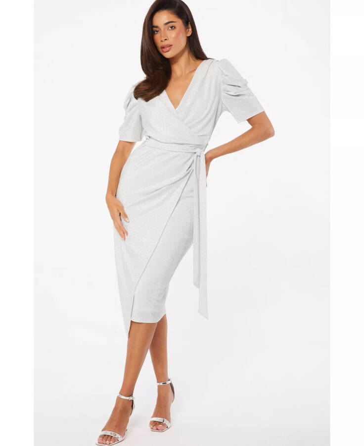 Women's Lurex Puff Sleeve Wrap Midi Dress Silver - 1