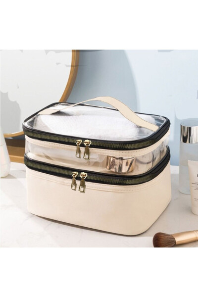 Women's Makeup Bag Beige Leather Transparent Practical Stylish Double Compartment Zippered Travel Makeup Bag - 1