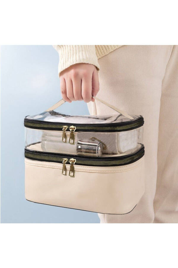 Women's Makeup Bag Beige Leather Transparent Practical Stylish Double Compartment Zippered Travel Makeup Bag - 2