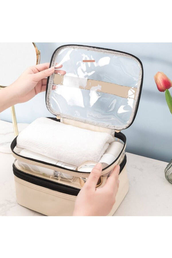 Women's Makeup Bag Beige Leather Transparent Practical Stylish Double Compartment Zippered Travel Makeup Bag - 3