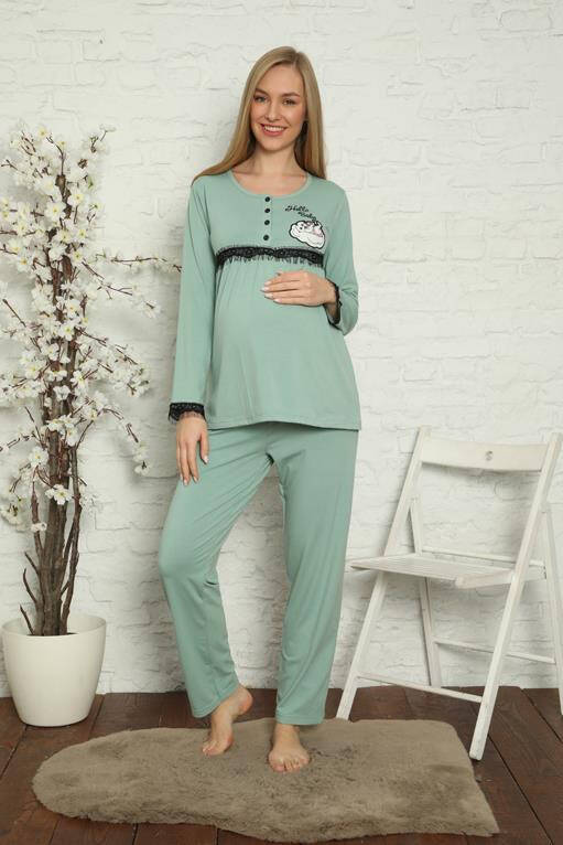 Women's Maternity Postpartum Water Green Pajamas Set 45201 - 3