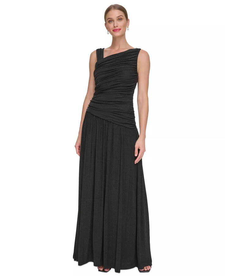 Women's Metallic-Knit Asymmetric-Neck Gown Black - 1