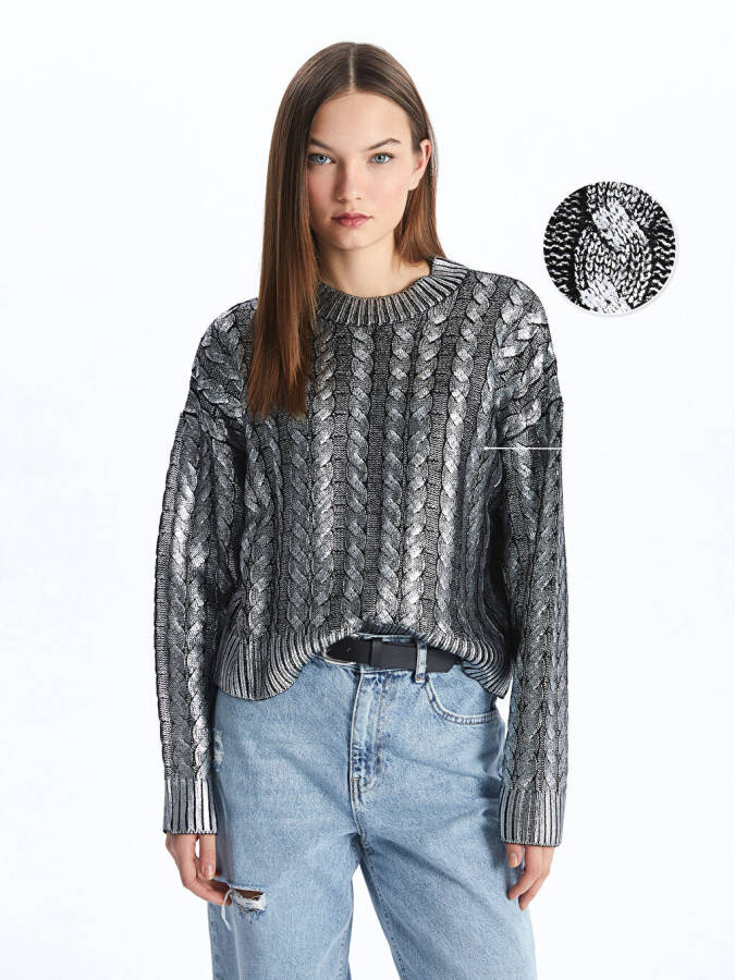 Women's Metallic Knit Sweater with Bike Neck and Self-Patterned Long Sleeves - 1