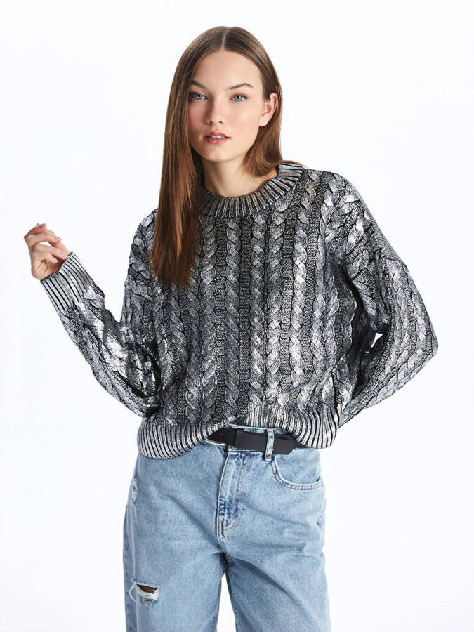 Women's Metallic Knit Sweater with Bike Neck and Self-Patterned Long Sleeves - 2