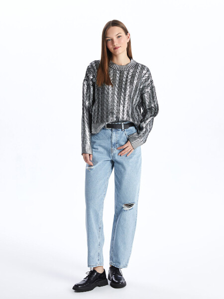 Women's Metallic Knit Sweater with Bike Neck and Self-Patterned Long Sleeves - 3