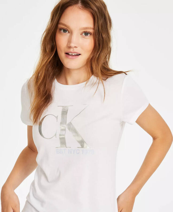 Women's Metallic-Monogrammed Graphic T-Shirt White Silver - 3