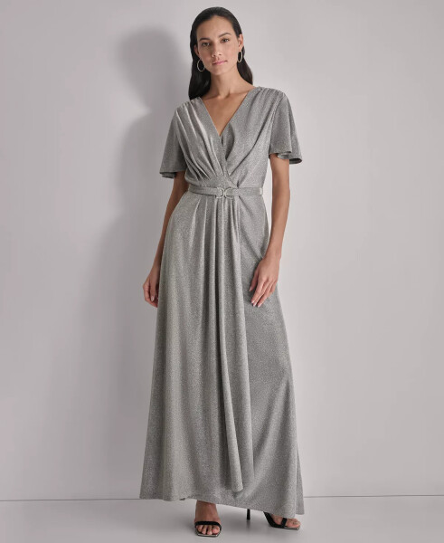 Women's Metallic Pleated Belted Flutter-Sleeve Gown Dark Silver - 1