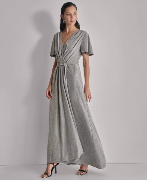 Women's Metallic Pleated Belted Flutter-Sleeve Gown Dark Silver - 3