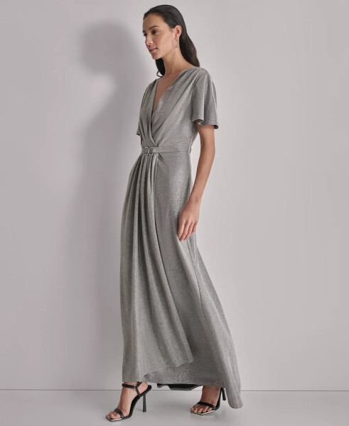 Women's Metallic Pleated Belted Flutter-Sleeve Gown Dark Silver - 4