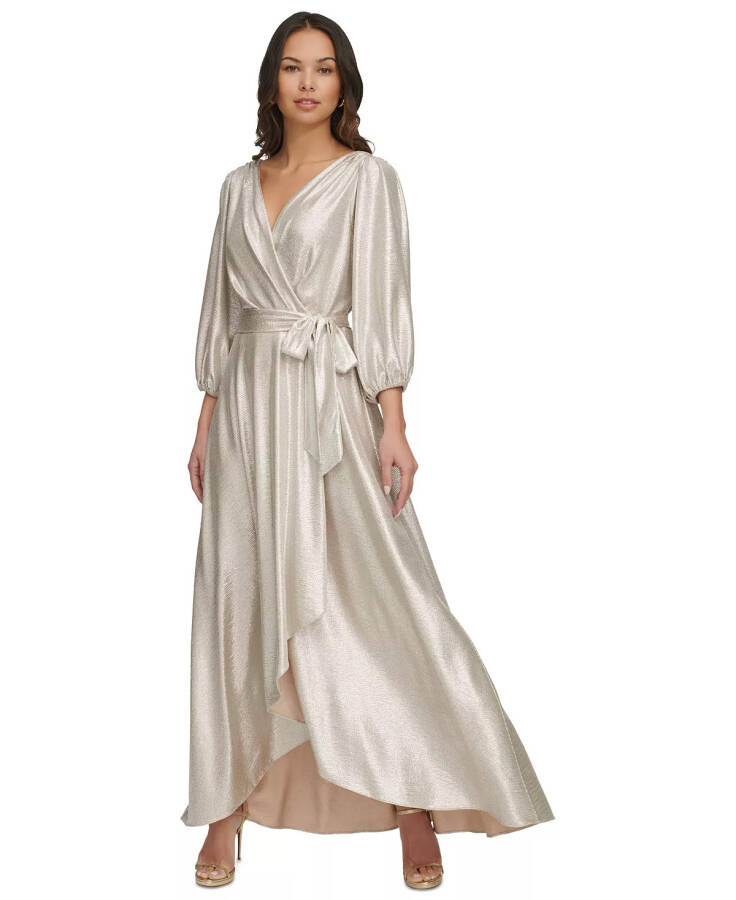 Women's Metallic Textured Faux-Wrap Gown Champagne/Silver - 1