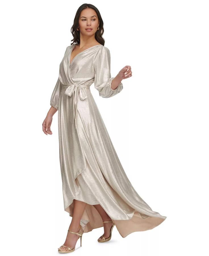 Women's Metallic Textured Faux-Wrap Gown Champagne/Silver - 3