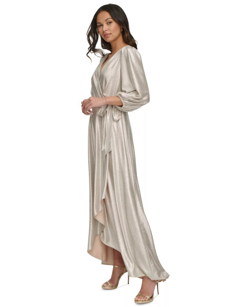 Women's Metallic Textured Faux-Wrap Gown Champagne/Silver - 4