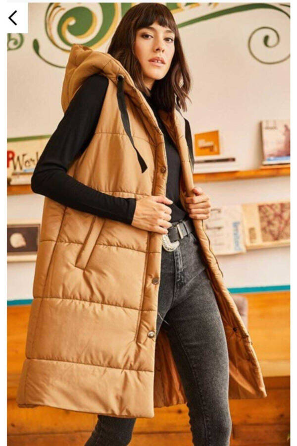 Women's Milk Coffee Hooded Pocket Puffer Vest YLK-19000007 - 2