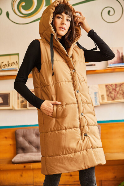 Women's Milk Coffee Hooded Pocket Puffer Vest YLK-19000007 - 6